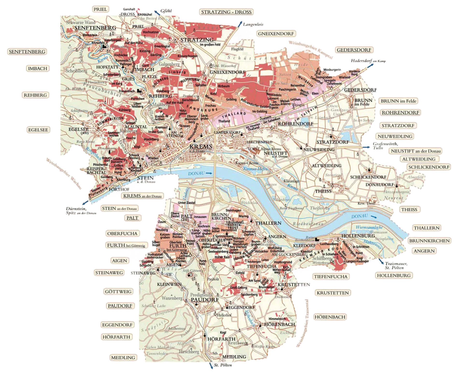 Karte des Kremstal Weinbaugebiets mit Rieden und Donau
